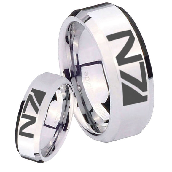 His Hers N7 Design Beveled Edges Silver Tungsten Men's Ring Set