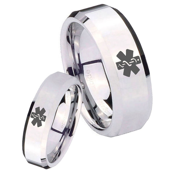 His Hers Medical Alert Beveled Edges Silver Tungsten Mens Anniversary Ring Set