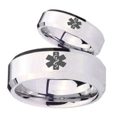 His Hers Medical Alert Beveled Edges Silver Tungsten Mens Anniversary Ring Set