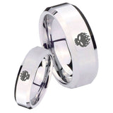 His Hers Offspring Beveled Edges Silver Tungsten Wedding Engraving Ring Set