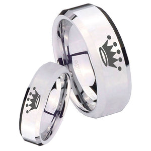 His and Hers Crown Beveled Edges Silver Tungsten Mens Promise Ring Set