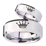 His and Hers Crown Beveled Edges Silver Tungsten Mens Promise Ring Set