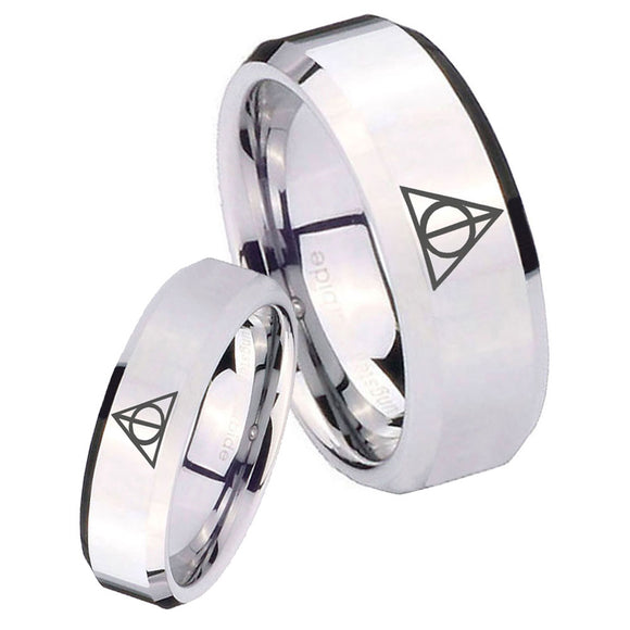 His Hers Deathly Hallows Beveled Edges Silver Tungsten Custom Mens Ring Set