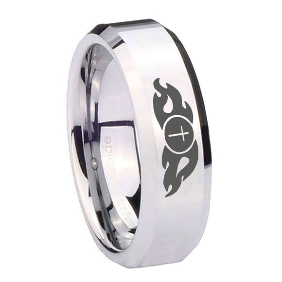 10mm Flamed Cross Beveled Edges Silver Tungsten Carbide Men's Wedding Ring