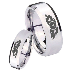 His and Hers Flamed Cross Beveled Edges Silver Tungsten Men's Ring Set