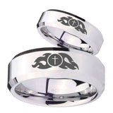 His and Hers Flamed Cross Beveled Edges Silver Tungsten Men's Ring Set