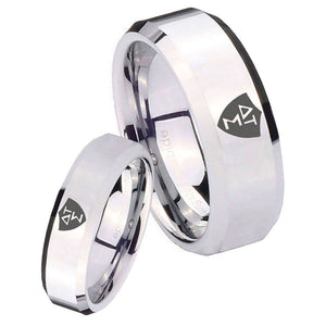 Bride and Groom Greek CTR Beveled Edges Silver Tungsten Bands Ring Set