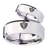 Bride and Groom Greek CTR Beveled Edges Silver Tungsten Bands Ring Set