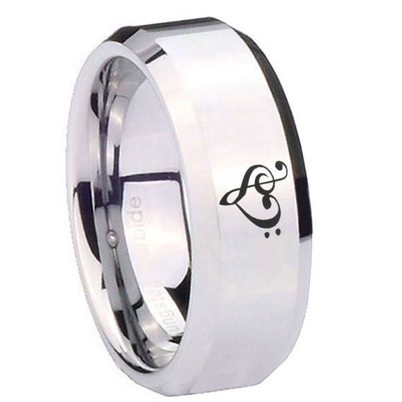 10mm Music & Heart Beveled Edges Silver Tungsten Carbide Mens Anniversary Ring
