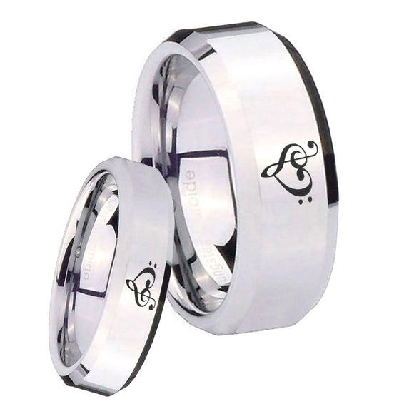 His Hers Music & Heart Beveled Edges Silver Tungsten Anniversary Ring Set