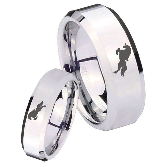 His and Hers Horse Beveled Edges Silver Tungsten Men's Promise Rings Set