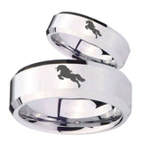 His and Hers Horse Beveled Edges Silver Tungsten Men's Promise Rings Set