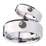 His and Hers 8 Ball Beveled Edges Silver Tungsten Men's Band Ring Set