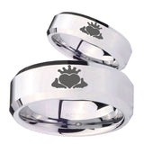 His Hers Claddagh Design Beveled Edges Silver Tungsten Mens Bands Ring Set