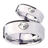 His Hers Mario Boo Ghost Beveled Edges Silver Tungsten Engagement Ring Set