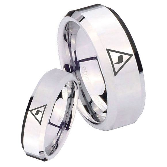 His Hers Masonic Yod Beveled Edges Silver Tungsten Wedding Engraving Ring Set