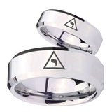 His Hers Masonic Yod Beveled Edges Silver Tungsten Wedding Engraving Ring Set