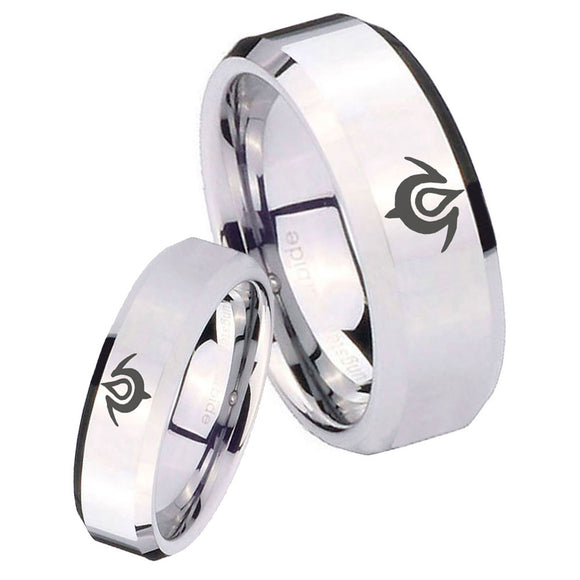 Bride and Groom Naga Beveled Edges Silver Tungsten Anniversary Ring Set