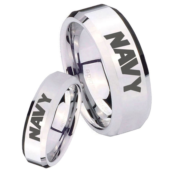 His and Hers Navy Beveled Edges Silver Tungsten Men's Engagement Band Set