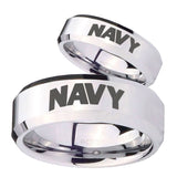 His and Hers Navy Beveled Edges Silver Tungsten Men's Engagement Band Set