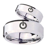 His and Hers Power Beveled Edges Silver Tungsten Mens Wedding Ring Set