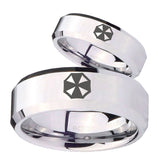 His Hers Resident Evil Beveled Edges Silver Tungsten Men's Bands Ring Set