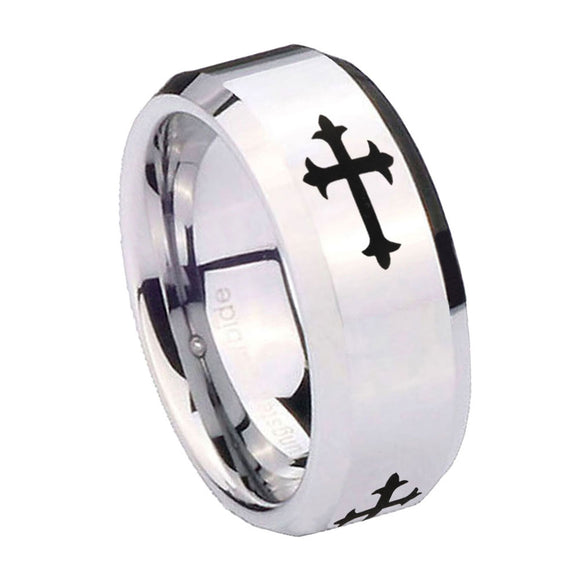 10mm Christian Cross Religious Beveled Edges Silver Tungsten Carbide Mens Ring Engraved