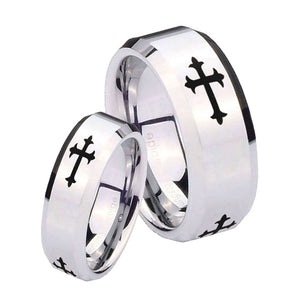 His Hers Christian Cross Religious Beveled Edges Silver Tungsten Men's Ring Set