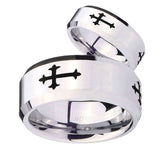 His Hers Christian Cross Religious Beveled Edges Silver Tungsten Men's Ring Set