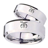 His Hers Masonic Shriners Beveled Edges Silver Tungsten Mens Engagement Band Set