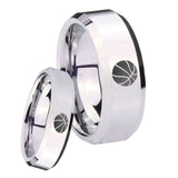 His Hers Basketball Beveled Edges Silver Tungsten Mens Engagement Band Set