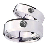 His Hers Basketball Beveled Edges Silver Tungsten Mens Engagement Band Set