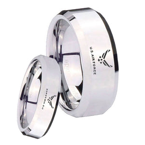 His Her Mirror Beveled US Air Force Silver Tungsten Wedding Rings Set