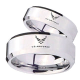 His Her Mirror Beveled US Air Force Silver Tungsten Wedding Rings Set