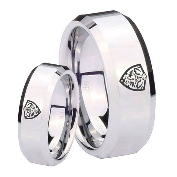 His Hers Zelda Hylian Shield Beveled Edges Silver Tungsten Mens Wedding Ring Set