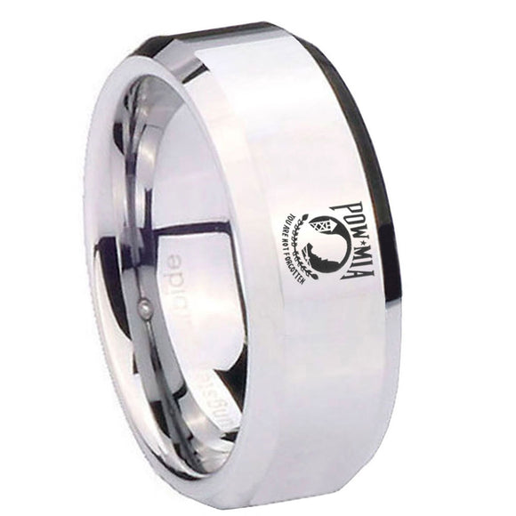 10mm Military Pow Beveled Edges Silver Tungsten Carbide Mens Ring Engraved