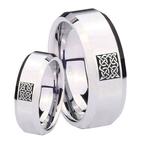 His Hers Celtic Design Beveled Edges Silver Tungsten Personalized Ring Set