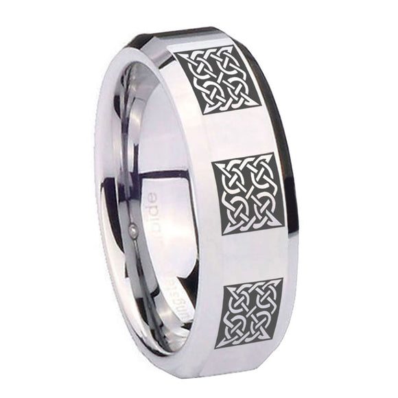 10mm Multiple Celtic Beveled Edges Silver Tungsten Mens Ring Personalized