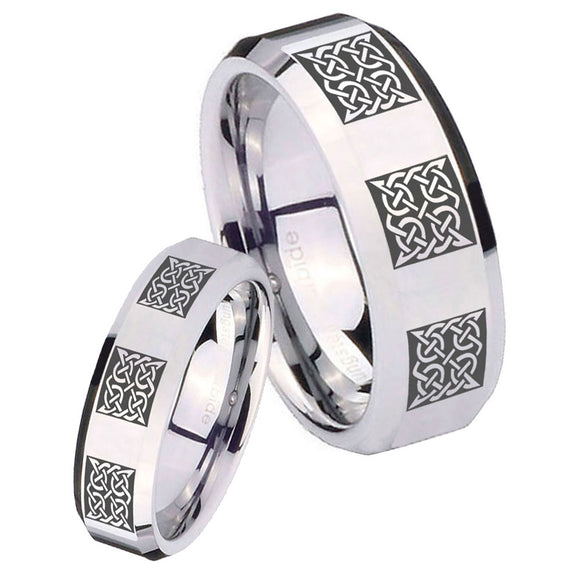 His Hers Multiple Celtic Beveled Edges Silver Tungsten Mens Promise Ring Set