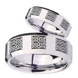 His Hers Multiple Celtic Beveled Edges Silver Tungsten Mens Promise Ring Set