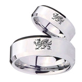 His and Hers Dragon Beveled Edges Silver Tungsten Mens Ring Engraved Set