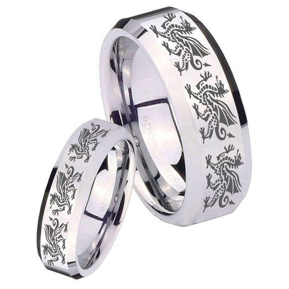 His Hers Multiple Dragon Beveled Edges Silver Tungsten Engraved Ring Set