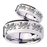 His Hers Multiple Dragon Beveled Edges Silver Tungsten Engraved Ring Set