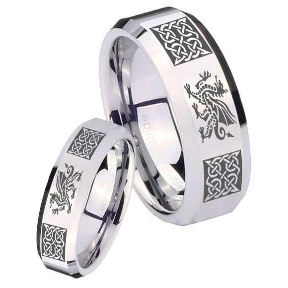 His Hers Multiple Dragon Celtic Beveled Silver Tungsten Personalized Ring Set