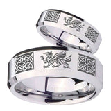 His Hers Multiple Dragon Celtic Beveled Silver Tungsten Personalized Ring Set