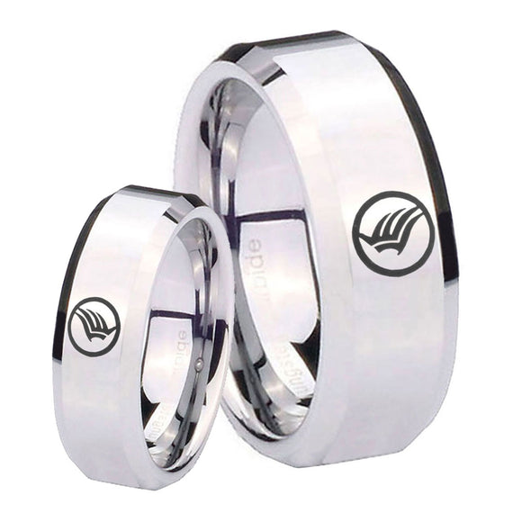 His Her Mirror Beveled Mass Effect Silver Tungsten Wedding Rings Set