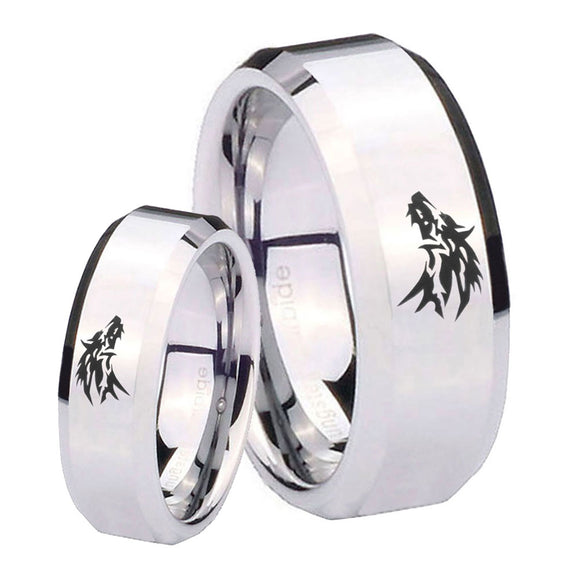 Bride and Groom Wolf Beveled Edges Silver Tungsten Promise Ring Set