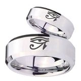 His and Hers Seeing Eye Beveled Edges Silver Tungsten Engraved Ring Set