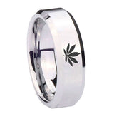 10mm Marijuana Leaf Beveled Edges Silver Tungsten Carbide Men's Wedding Ring