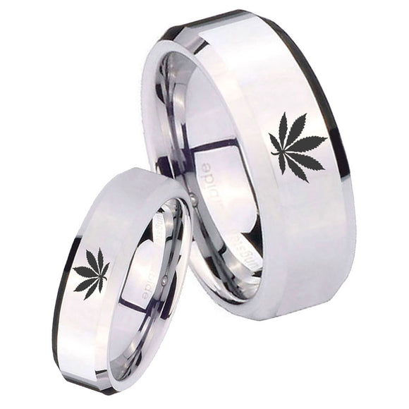 His Hers Marijuana Leaf Beveled Edges Silver Tungsten Mens Anniversary Ring Set